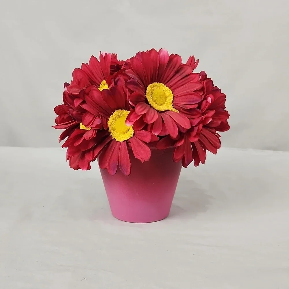 Pink Gerber Daisy Potted Artificial Floral Arrangement 7 inch Cottage Garden